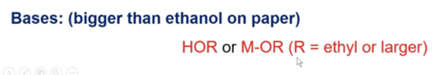 <p>any nucleophile/base that looks as big as ethanol or ethoxide (CH3CH2O-) or larger when drawn on paper, is a large BASE that will do an E reaction. Anything smaller will be a nucleophile and do an S reaction.</p>