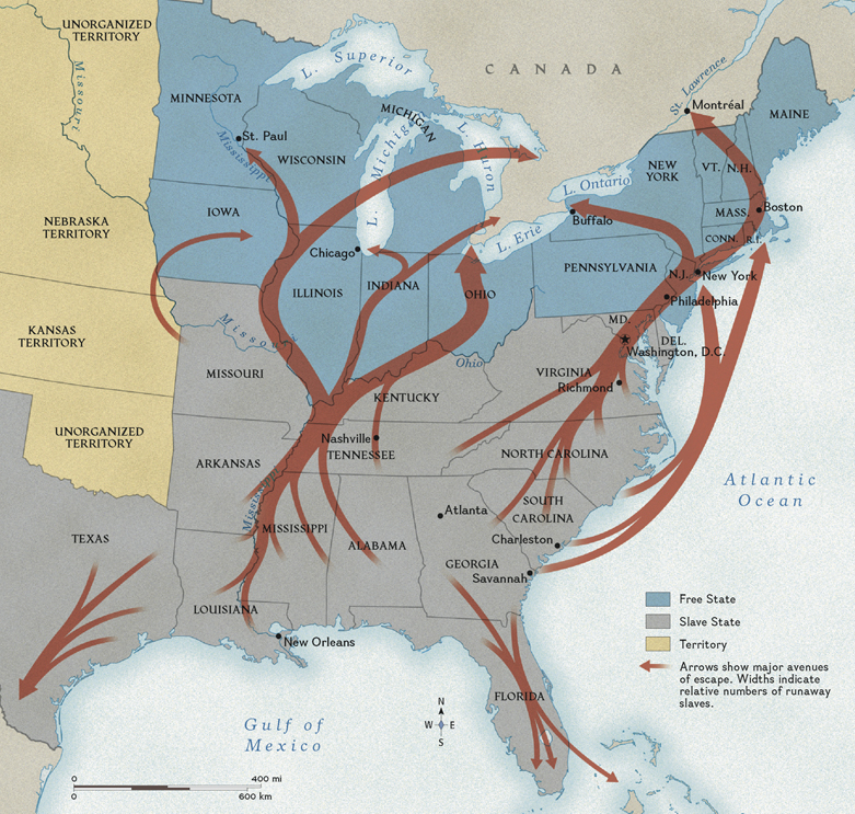 <p>a system of secret routes used by escaping enslaved people to reach freedom in the North or in Canada (not a real railroad!)</p>