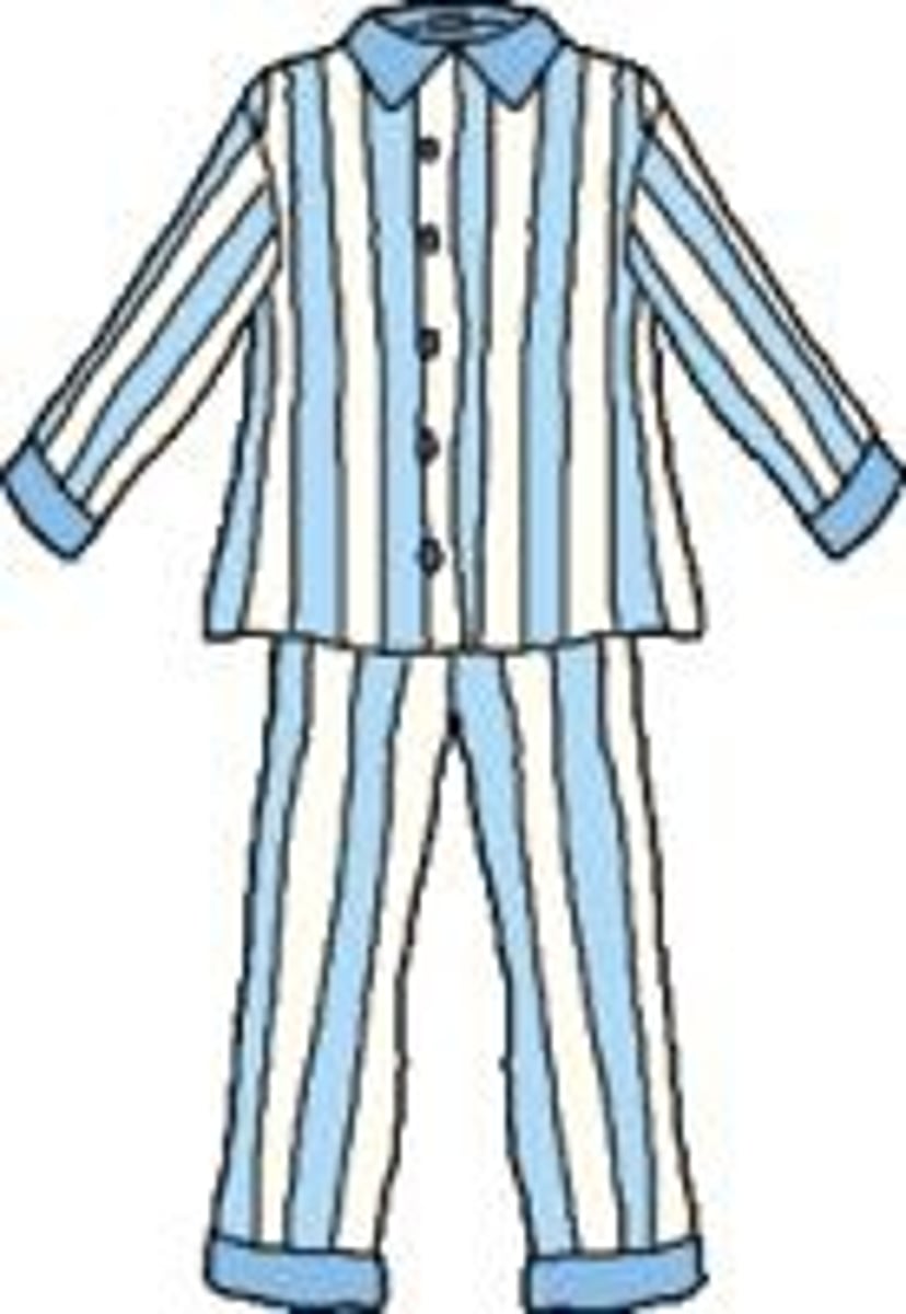<p>a shirt and trousers that you wear in bed</p><p></p><p>*a pair of blue pyjamas</p>