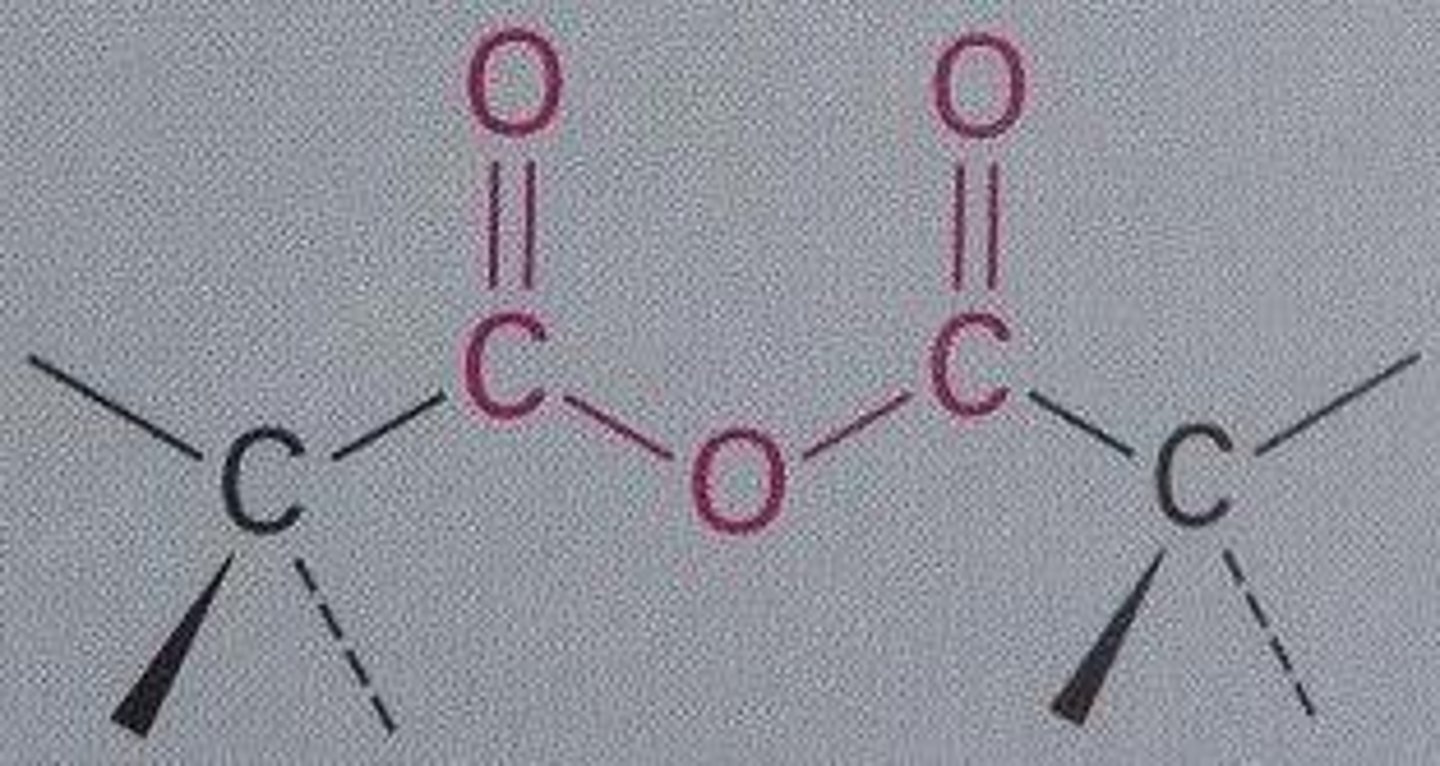 <p>using high heat (800C) can create two equivalents of carboxylic acids into one (an ester group forms)</p>