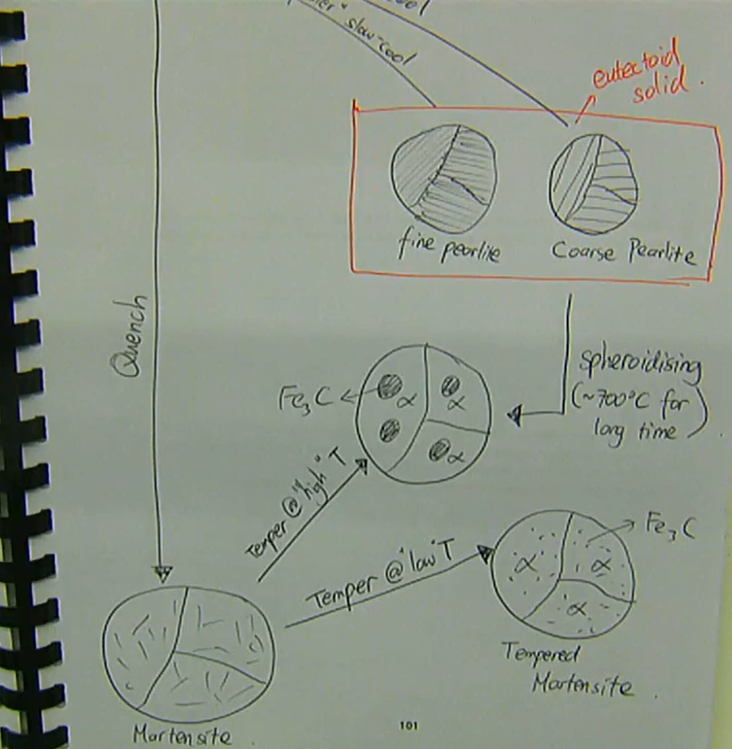 <ul><li><p>γ → austenite → FCC → weak and ductile</p><ul><li><p>slow-cooling γ:<br>→ coarse pearlite (eutectic solid)</p></li><li><p>‘faster’ slow-cool:<br>→ fine pearlite</p></li><li><p>quenching γ:<br>→ martensite → very hard and brittle</p><ul><li><p>tempering martensite at low temperature:<br>→ tempered martensite (α + Fe<sub>3</sub>C)</p></li><li><p>tempering martensite at high temperature:<br>→ α + Fe<sub>3</sub>C with larger Fe<sub>3</sub>C → also formed from spheroidising pearlite at ~700 degrees for a long time</p></li></ul></li></ul></li></ul><p></p>