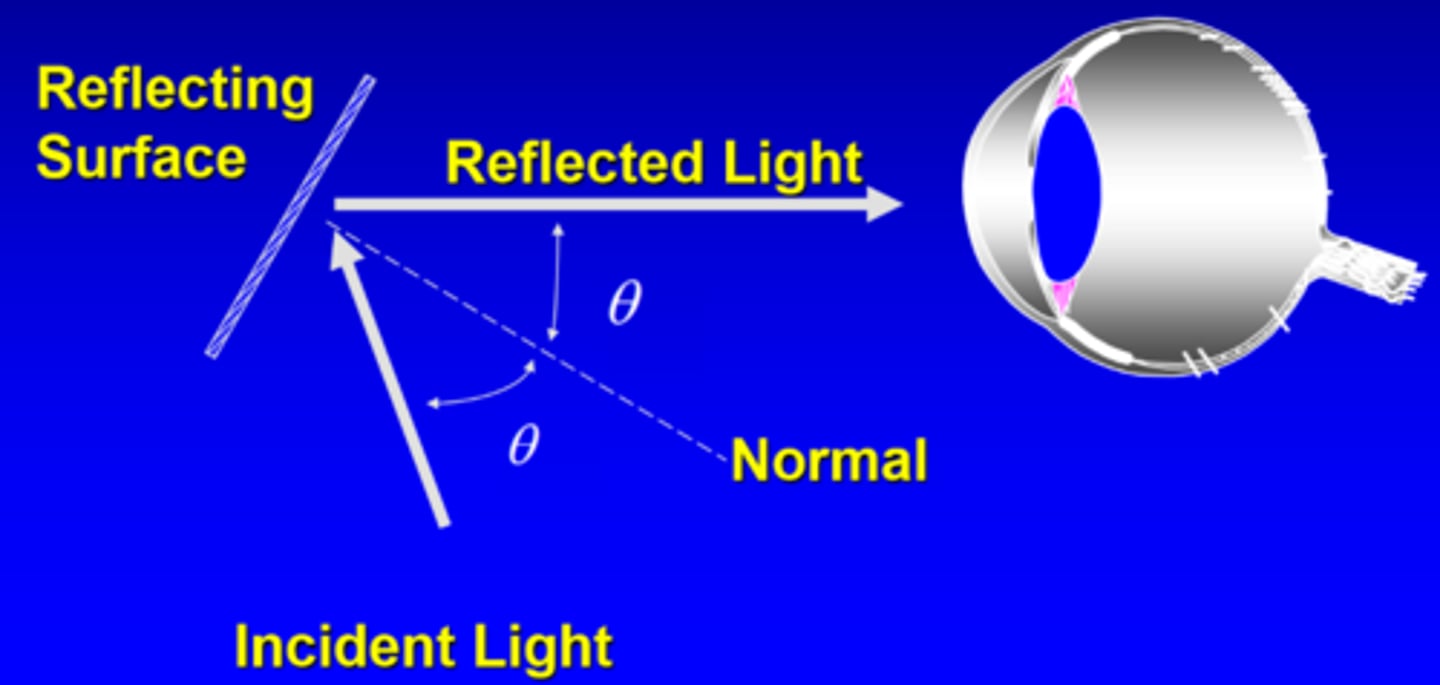 <p>reflects off a surface first before entering eye</p>