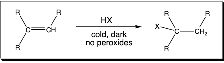 <p>intermediates: </p><p>Step 1: HX, cold, dark, no peroxides</p>