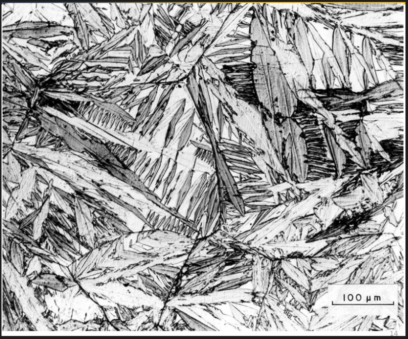 <p>Temperature band for quench hardening is the same as for full annealing. Amounts lower than 0.4% C do not exhibit appreciable hardening. </p><p>Steel becomes harder when quenched as the C remains in the ferrite and distorts the structure (martensite)</p><p>Final hardness depends on the C content and the cooling rate. Martensite is made of needle shaped crystals. C distorts the lattice. Very hard and brittle. Dislocation movement is obstructed (high strength, low ductility)</p>