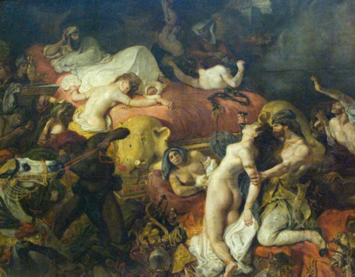 <p>Eugene Delacroix, 1827, Romanticism, France, oil on canvas.<br>The painting is an orgy of violence, luxury, and corruption as the King is surrounded by objects and people who are in snake/serpent-like positions to represent flames. The art is an antithesis of Neoclassicism and David.</p>