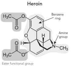 <p>Synthesized from morphine (acetylation twice)</p><p>Effects:</p><ul><li><p>relief of server pain (illegal in many places)</p></li><li><p>Addictive, anxiety, fear, mood changes, withdrawal</p></li></ul><p>Functional Groups</p><ul><li><p>2- esters - least polar ( can move across barrier easiest)</p></li><li><p>ether</p></li><li><p>tertiary amide</p></li><li><p>phenyl</p></li></ul>