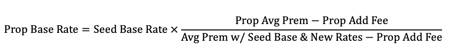 <p><strong>New Base Rate → Extension of Exposures</strong></p><ul><li><p>Re-rate using prop rating factors &amp; seed base rate (ex: 1)</p></li></ul><p></p><p>Denom = Avg Prem w/ _____ _____ &amp; _____ _____ - Prop _____ Fee</p><p></p>