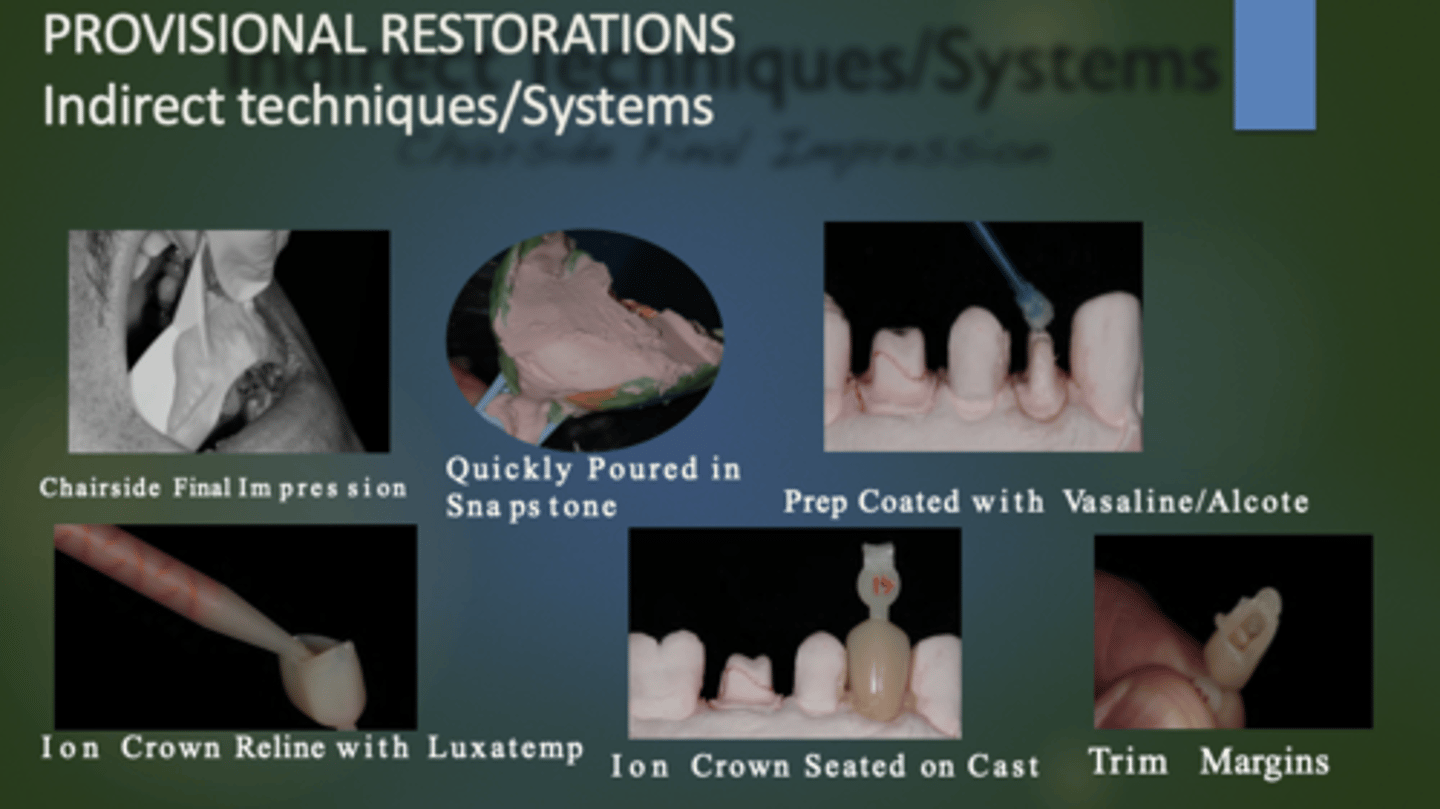 <p>Steps for Indirect Technique Fabrication of a Provisional Crown</p><p>- chair side directions</p><p>- last pic= is what relining it= making it fit better</p>