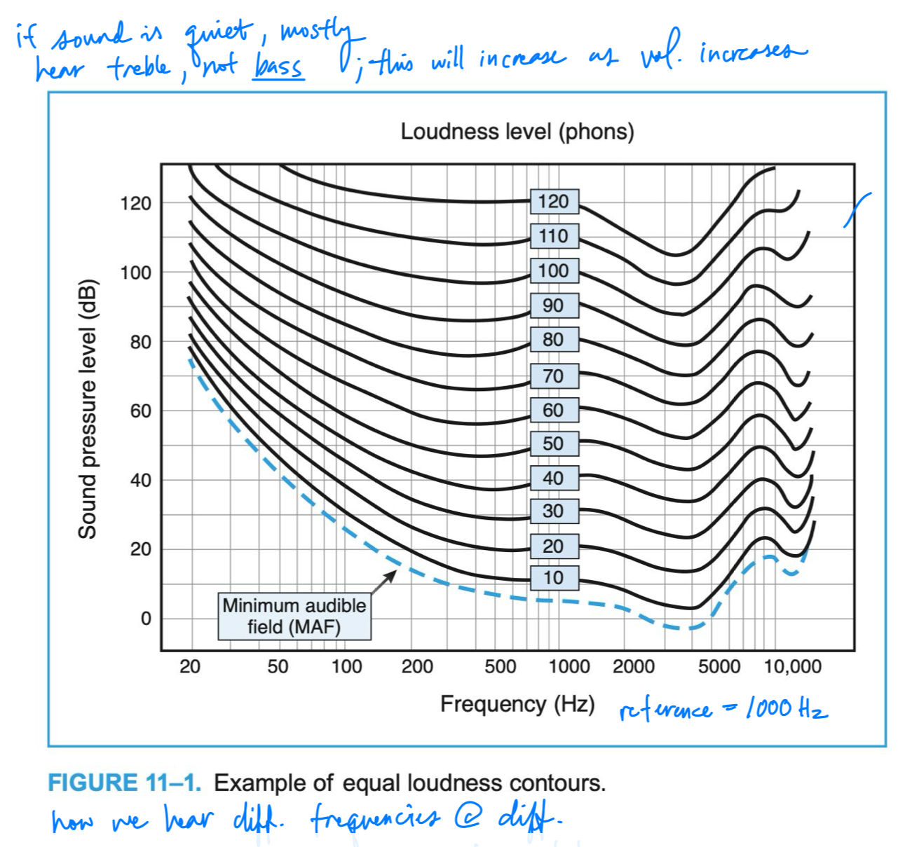 <p>lines on the phon scale visually representing each phon level, at any point along any of the curves, the perceived loudness would be the same </p>