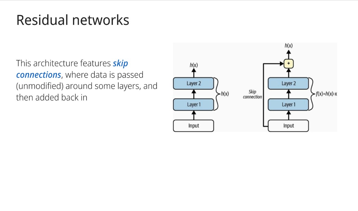 <p>Skip connections where data is passed unmodified around some layers and then added back in.</p>