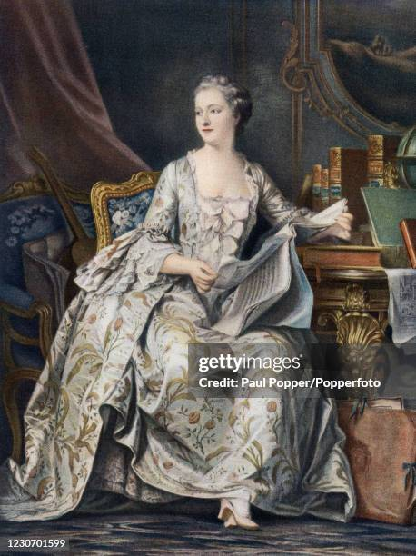 <p>Artist produced this for Pompadour for her personal collection, showed at the salon in Paris to help her reputation and to legitimize her place in court after the affair ended. Is a woman, but she is also an intellect. Fashioned her identity: reading a music score, many books at the desk she is at, Encyclopedia on her desk, new publication at the time, a special enlightenment project to try and make knowledge accessible to the masses, she aided in this project. Very regal silk attire with lacing, which emphasizes her femininity. Flower motifs in dress, calling back to her love of nature. Lover of music. Artists and sponsor of arts. </p>