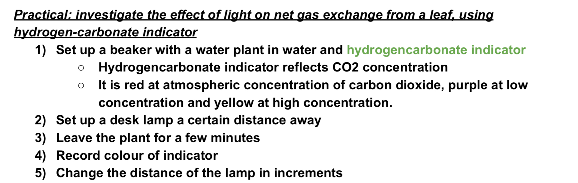 <p>Results = closer lamp is to plant = stronger light intensity = more photosynthesis = more CO2 taken into the plants by plant = low CO2 concentration = hydrogen carbonate indicator turns purple + if there is more CO2 present - indicator = yellow </p>