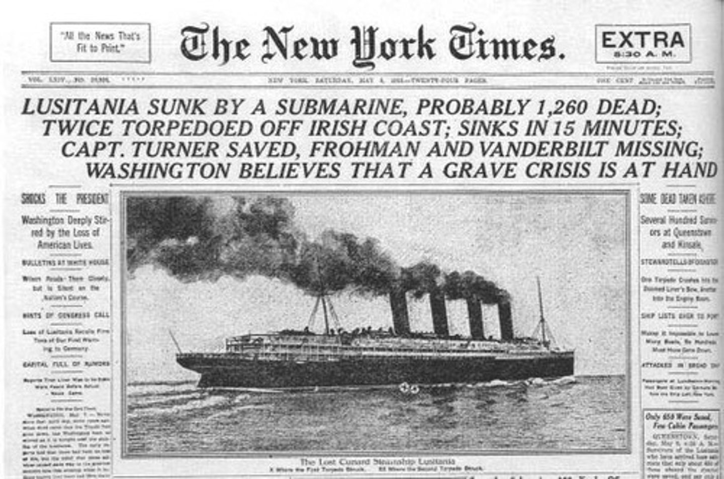 <p>British passenger liner torpedoed and sank by Germany on May 7, 1915. It ended the lives of 1,198 people, including 128 Americans, and pushed the United States closer to war.</p><p>Historical Significance:</p><p>reflection of unrestricted submarine warfare-</p><p>US will fight for trade rights and freedom of the seas- a point reflected in Wilson's Fourteen Points</p>