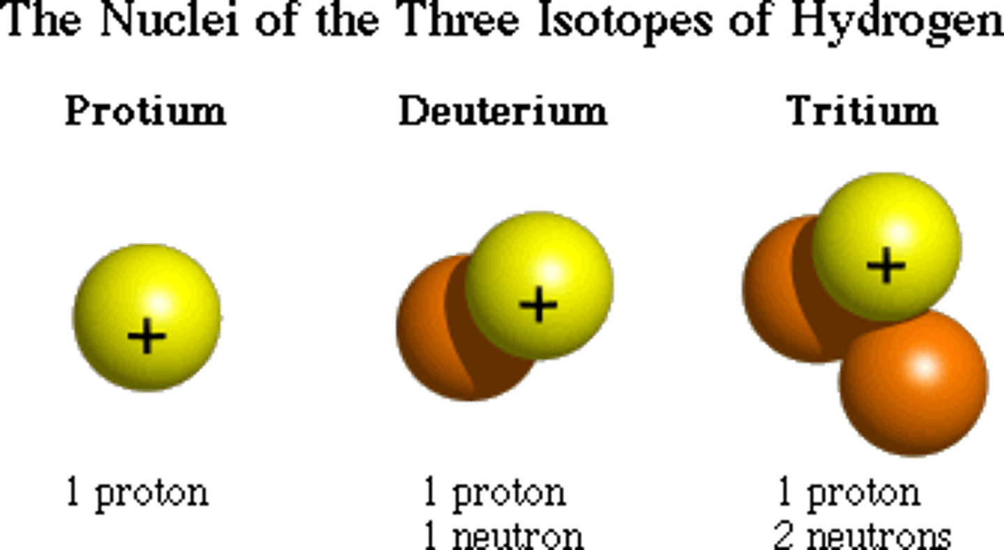 <p>Protium ₁¹H</p><p>Deuterium ₁²H</p><p>Tritium ₁³H</p>