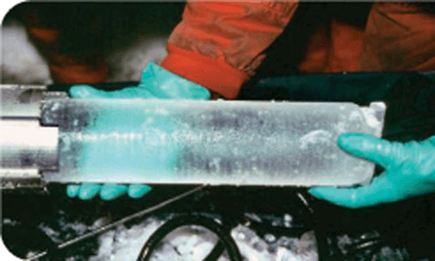 <p>a cylinder of ice drilled from an ice cap which contains a continuous record of past climatic conditions. It can be analysed to model past climate and help predict conditions in the future.</p>