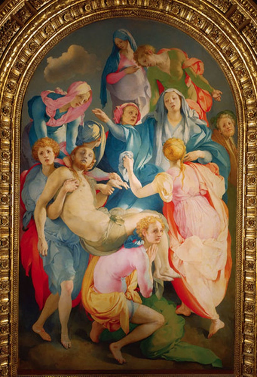 <p>Form:</p><p>-manneristic: shows great knowledge of Renaissance but distorts it</p><p>-figures stylized and elongated</p><p>-primary colors and white</p><p>-roundalls above of Evangelists</p><p>-space is nonsensical</p><p>-1D (no depth)</p><p>Content:</p><p>-no symbols of holiness (no cross, etc.)</p><p>-Mary proportionately larger</p><p>-everyone mournful</p><p>-lower Jesus from the cross</p><p>-chaotic figures/constant movement</p><p>-self portrait</p><p>-non balance (lots of different directions)</p><p>Function:</p><p>-altar piece</p><p>-doesn't look Renaissance</p><p>Context:</p><p>-artist: Jacob de Pontorina</p><p>-Florence, Italy 1525-1528</p><p>-family chapel</p>