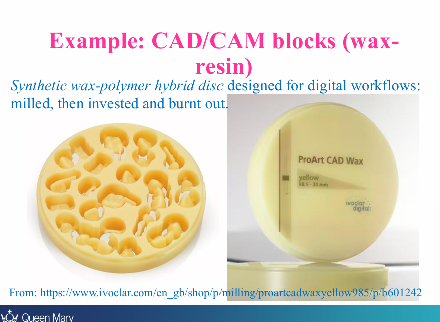 <ul><li><p>designed for milling frameworks or castable patterns</p></li><li><p>can be used for fabrication of crown and bridge frameworks and denture framework</p></li><li><p>blocks are <strong>dimensionally stable</strong>, can be milled and burn our completely without <strong>residue</strong></p></li></ul><p></p>