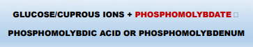 <p>Alkaline copper reduction method</p><ul><li><p>Serum/plasma sample is <span style="color: yellow">treated with sodium nitroprusside solution</span> and then <span style="color: yellow">ferrous sulfate.</span></p></li><li><p>After incubation at 37°C for 30 min, the <span style="color: yellow">yellow colour intensity produced is measured spectrophotometrically at </span><span style="color: red">540 nm</span> using Folin reagent (a mixture of phosphoric acid 6M + ammonium molybdate 4H2O</p></li></ul><p>REAGENT: (Remember)</p><ul><li><p><span style="color: red">Phosphomolybdate</span> </p></li></ul><p></p>