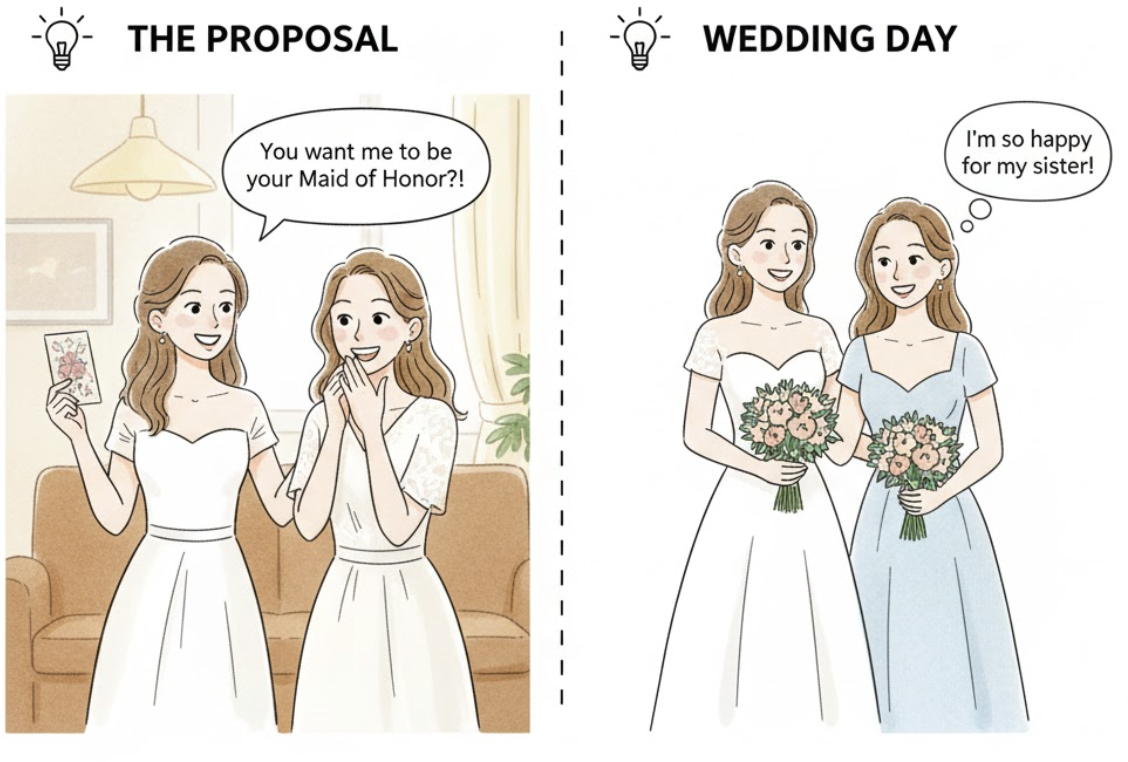 <p><strong>the chief bridesmaid, usually the closest female friend or sister of the bride</strong> </p><p>(phù dâu trưởng, người phụ nữ chính thức hỗ trợ cô dâu)</p><p></p><p><strong>Best Man</strong> (Phù rể trưởng của chú rể), <strong>Bridesmaid</strong> (Phù dâu), <strong>Groomsman</strong> (Phù rể)</p>