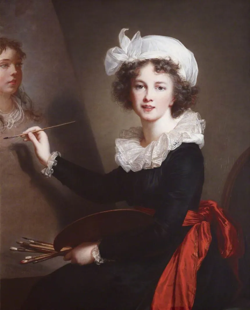 <ul><li><p><strong>ID:</strong> Elisabeth Louise Vigée Le Brun, 1790 CE, Oil on canvas, France</p></li><li><p><strong>Content:</strong> The artist confidently paints at her easel, dressed in elegant yet casual clothing.</p></li><li><p><strong>Function:</strong> Showcases her skill and status as a respected female artist.</p></li><li><p><strong>Context:</strong> Painted during a transition from Rococo to Neoclassicism; she was a court painter for Marie Antoinette.</p></li><li><p><strong>Form:</strong> Soft lighting, smooth brushstrokes, naturalistic expression.</p></li></ul><p></p>