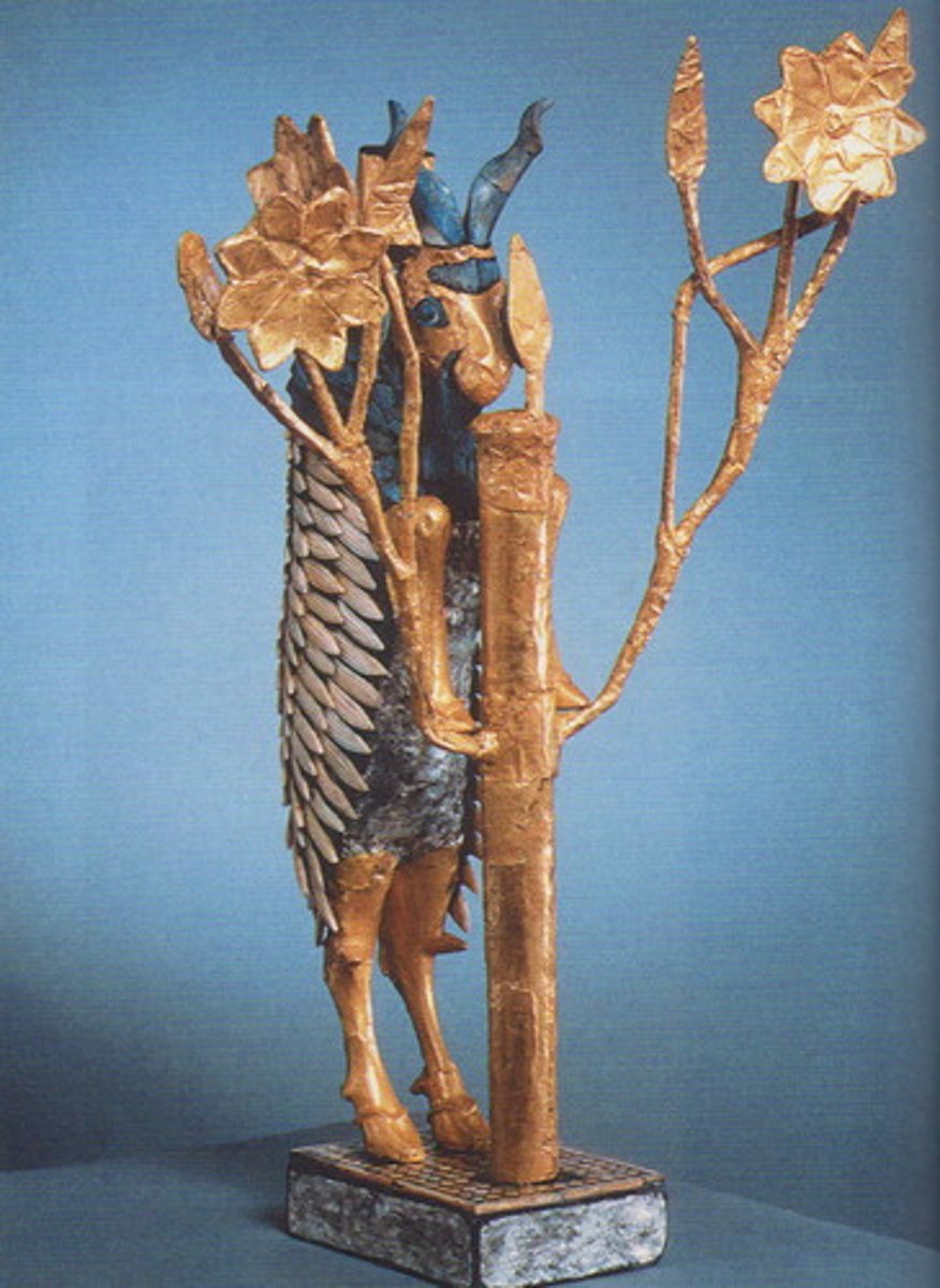 <p>A gold and lapis sculpture from Ur (ca. 2500 BCE), symbolizing fertility and abundance.</p>