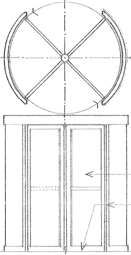 <p><span>An entrance door for excluding drafts from the interior of a building, consisting of hour leaves set in the form of a cross and rotating about a central, vertical pivot within a cylindrically shaped vestibule</span></p>