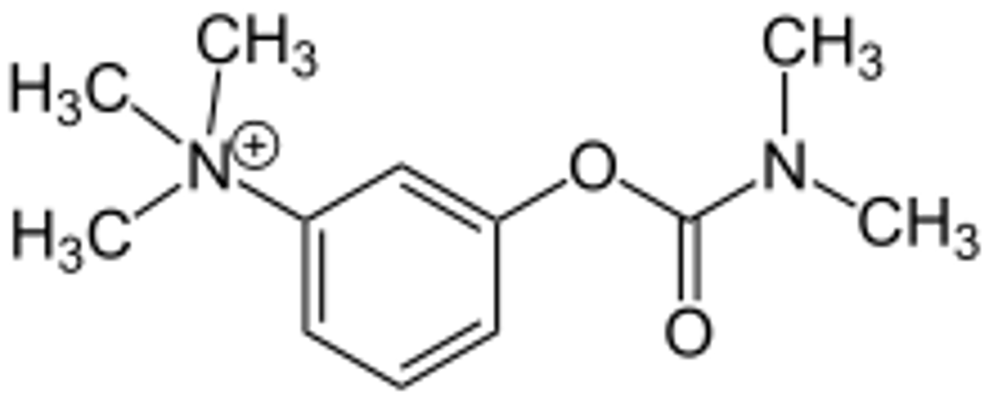 <p>AChE inhibitor that has a substituted carbamate group, benzene ring, and quaternary ammonium</p><p>formulated as a salt</p><p>has low CNS/BBB penetration bc it is hydrophilic due to the quaternary ammonium</p>