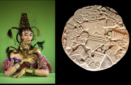 <ul><li><p><span style="background-color: transparent;"><span>Name for an Aztec goddess, a self-image as part of a larger project</span></span></p></li><li><p><span style="background-color: transparent;"><span>This is a large photographic print; in person, there is a striking mirror-image effect.</span></span></p><ul><li><p><span style="background-color: transparent;"><span>Self-portrait in its material presence opposite the viewer</span></span></p></li></ul></li><li><p><span style="background-color: transparent;"><span>A glamorous image, making you feel good when you are looking at it → face is beautifully made up to emphasize the eyes and mouth, beautifully composed, clothes and jewelry are incredibly striking</span></span></p></li><li><p><span style="background-color: transparent;"><span>This can’t be some simple glamorous cosmetic self-image, the strangeness of these meandering braids and the density of ornament around the neck, around her wrists, he fingers, and including the markings in her face all point to something deeper going on in our natural idea of a self-image</span></span></p></li><li><p><span style="background-color: transparent;"><span>In the Aztec pantheon of gods and goddesses, there was a goddess whose purview was one of filth</span></span></p><ul><li><p><span style="background-color: transparent;"><span>Goddess of forbidden sexuality, as well as being the forgiver of forbidden sexuality</span></span></p><ul><li><p><span style="background-color: transparent;"><span>Judge, jury, and executioner</span></span></p></li></ul></li></ul></li><li><p><span style="background-color: transparent;"><span>A lot of what is going on in the Gutierrez is a reference to the oldest surviving images we have of this goddess</span></span></p></li><li><p><span style="background-color: transparent;"><span>History: When Europeans conquered what is now Mexico, the conquerors both very much wanted to record the culture they encountered before they destroyed it, and they also wanted to liberate it, through cultural encounters that were violent and destructive</span></span></p><ul><li><p><span style="background-color: transparent;"><span>Signs being sent in the Gutierrez image about another culture is meso-america, weaving tradition, that has adopted the fabrics and cultures that we can see in the lower right</span></span></p></li></ul></li><li><p><span style="background-color: transparent;"><span>Gutierrez seems to be referring to not only an Aztec goddess with taboos and contradictions involved, but wanting to refer to more than one culture in order to make sure the viewer gets the point. Referring to ancient American cultures</span></span></p><ul><li><p><span style="background-color: transparent;"><em><u><span>Explicit about there being&nbsp; a lot of contradictions or at least tension between very modern, Western, and cosmetic features of femininity and its superficial glitter, and its contrast with a seemingly childish, simple doll that she holds, repeating a lot of the image herself</span></u></em></span></p></li><li><p><span style="background-color: transparent;"><em><u><span>Doll is condescendingly a fold doll, stark contrast with the powerful femininity the rest of the image invokes</span></u></em></span></p></li></ul></li><li><p><strong><em><u>STONE:</u></em></strong> <span style="background-color: transparent;"><span>This is a very important stone that was incredibly heavy -> meant to be seen on the ground, 3D and very flat looking, representing another Goddess, Coyolxauhqui</span></span></p><ul><li><p><span style="background-color: transparent;"><span>A younger goddess who betrayed her mother goddess and was tossed to death by her btoyher, the sotne represents the violent and mortal punishments inflicted among the gods and goddesses in this pantheon</span></span></p></li></ul></li></ul><p></p>