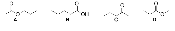 <p>A C13 NMR Spectra has the following signals: <span>&nbsp;10.3, 20.7, 21.9, 65.9, 170.2 ppm. Which compound does this spectrum belong to? Justify your choice showing that the spectrum is consistent with the structure.</span></p>
