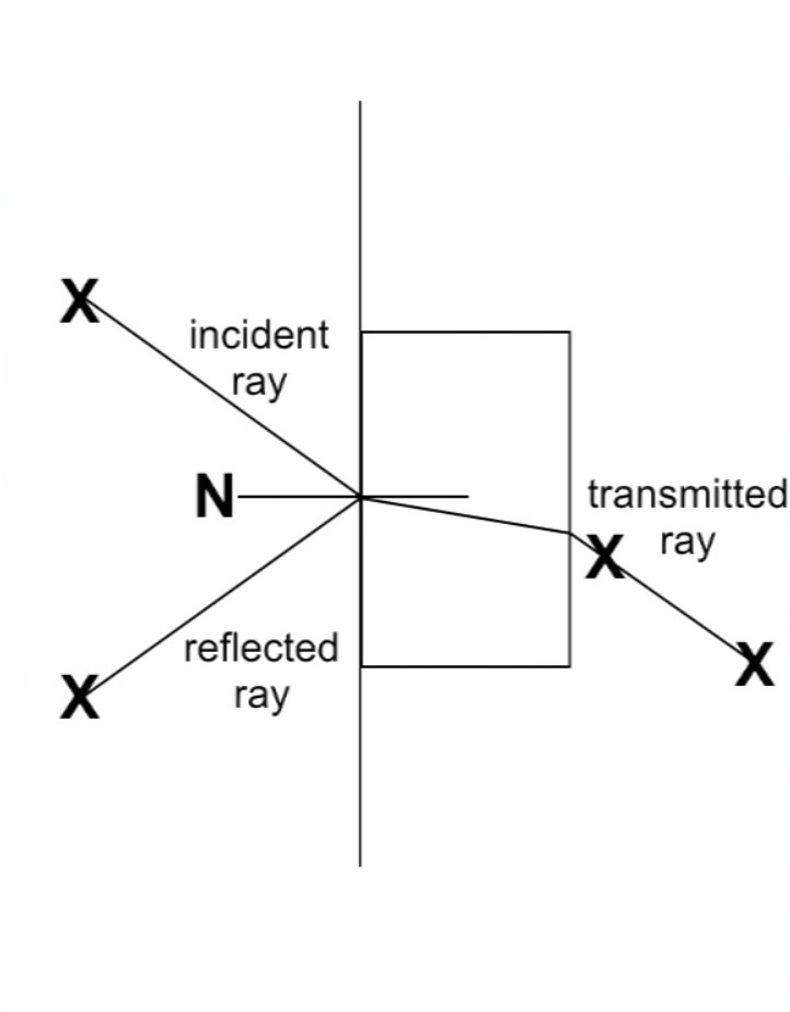 <ol><li><p>Take a piece of paper and draw a straight line down the centre </p></li><li><p>Use a protractor to the line at a right angle. Label this the normal</p></li><li><p>Place a glass block against the first line so that the normal is near the centre of it.</p></li><li><p>Draw a line around the perimeter or the glass block and turn off all the lights.</p></li><li><p>Use a raybox to direct a ray of light so it hits the block at the normal</p></li><li><p>At a certain angle we will be able to see a ray being reflected off the box and one being transmitted through. Draw all these lines</p></li><li><p>Use a protractor to measure all the important angles</p></li><li><p>Repeat the entire experiment with blocks of different materials </p></li></ol><p></p>