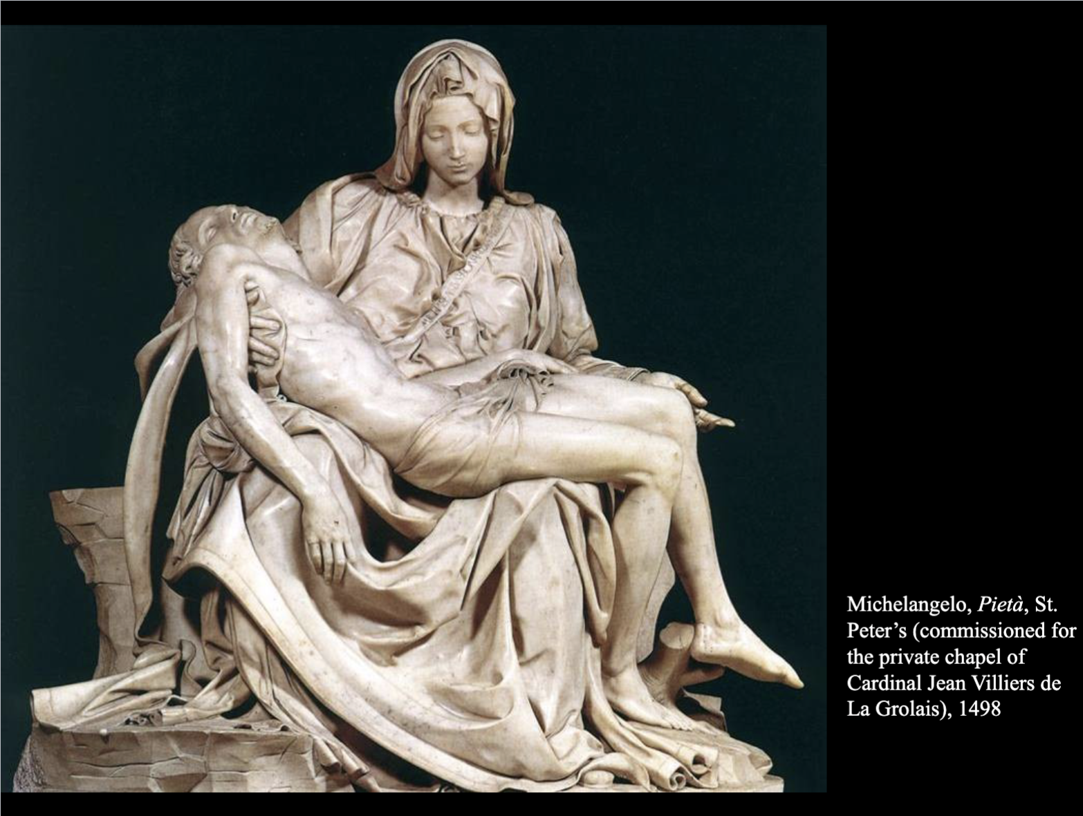 <ul><li><p>Marble, Rome</p></li><li><p>Dead christ being comforted by mother Mary</p></li><li><p>More popular in northern renaissance art making it more French ig</p></li><li><p>Reduces pieta down to two essential figures, Mary and Christ</p></li><li><p>Fluid yet weighty figures</p></li><li><p>Mary open hand is grief + acceptance</p></li><li><p>Both have ideal beauty</p></li><li><p>Christ is not shown with injuries he’s endured</p><ul><li><p>Slight smile read as implying is upcoming resurrection</p></li><li><p>Mary cloak reference to transubstantiation since its used to handle eucharist thing</p></li></ul></li><li><p>Michelangelo signs this which is unusual for him</p></li></ul>