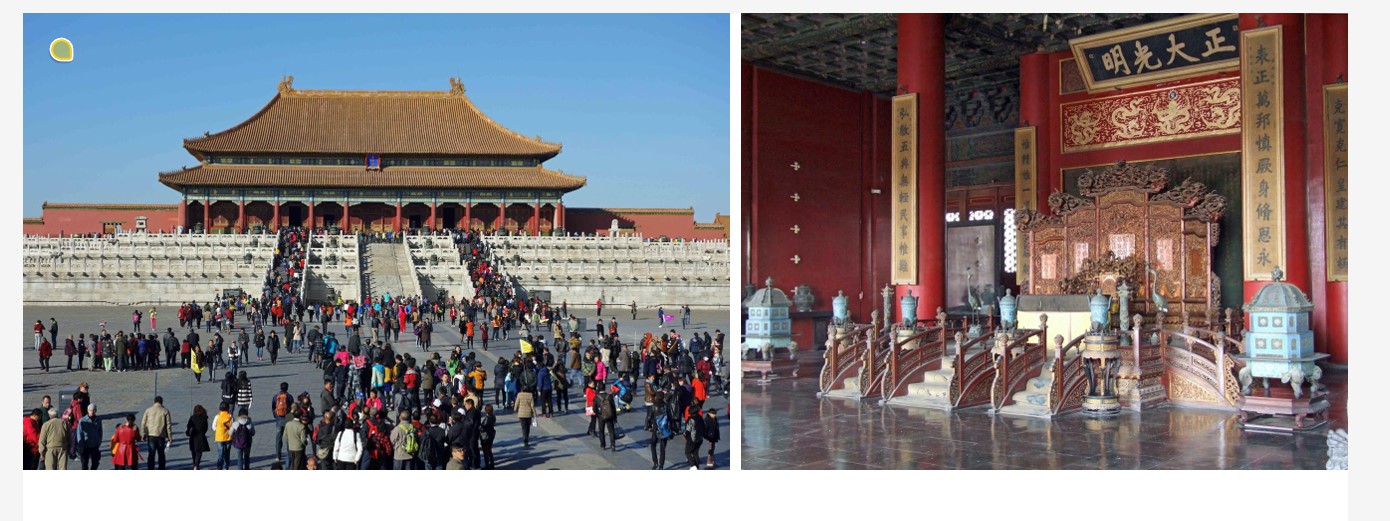 <ul><li><p>the most elite building complex in china, largest wooden building </p></li><li><p>spiritual center of the city </p></li><li><p>one giant marble slab staircase for the emperor to be carried over it </p></li><li><p>Dragon symbolism- power, beauty, cosmology</p></li><li><p>Highest standard two eave hop roof </p></li><li><p>throne room and exam congratulatory space</p><ul><li><p>as if an extension of emperors clothing</p></li><li><p>power</p></li></ul></li></ul>