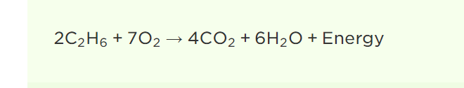 <p>2C2H6+7O2→4CO2+6H2O+Energy</p>
