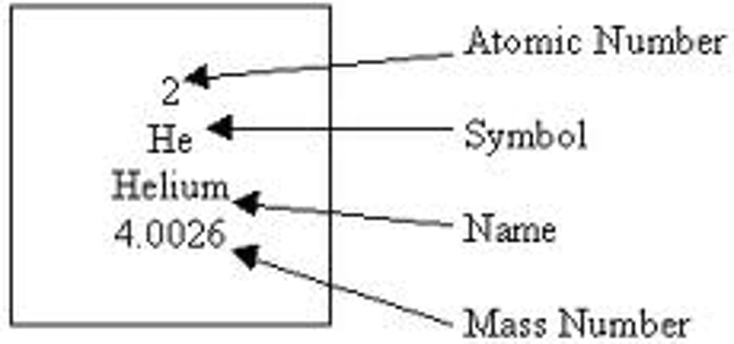<p>1. atomic number</p><p>2. symbol</p><p>3. element name</p><p>4. relative atomic mass</p>