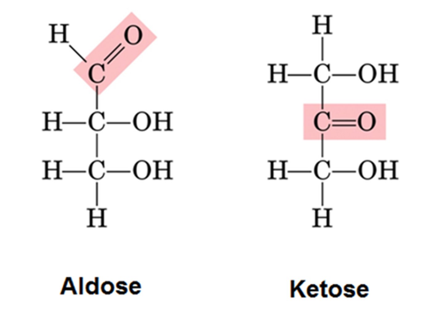 <p>- aldose (contains aldehyde) or ketose (contains ketone)</p><p>-# of carbons: Triose (3), tetrose (4), pentose (5), hexose (6)</p><p>-D vs L</p><p>D: OH farthest (usually at bottom) from carbonyl group on right</p><p>L: OH farthest (usually at bottom) from carbonyl group on left</p>