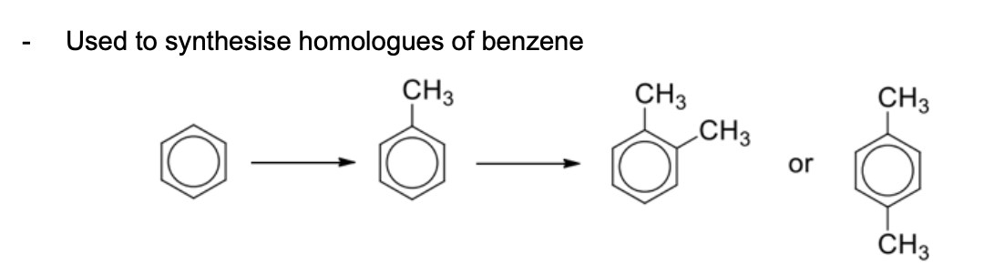 <ol><li><p><span>RCl, anhydrous AlCl3 catalyst (or FeCl3 catalyst), excess benzene</span></p></li><li><p><span>RBr, anhydrous AlBr3 catalyst (or FeBr3 catalyst), excess benzene</span></p></li></ol><p></p><ul><li><p><span>Al in AlCl3 and AlBr3 have energetically accessible vacant orbitals and are <strong>electron-deficient molecules</strong> to accept a lone pair of electrons</span></p></li><li><p><span>AlCl3 and AlBr3 must be anhydrous to prevent hydrolysis from taking place</span></p></li><li><p><span>Necessary to start with excess benzene to prevent further alkylation which occurs even more readily</span></p></li></ul><p></p><ul><li><p><span>Used to synthesise homologues of benzene (multi-substituted benzene)</span></p></li></ul><p></p>