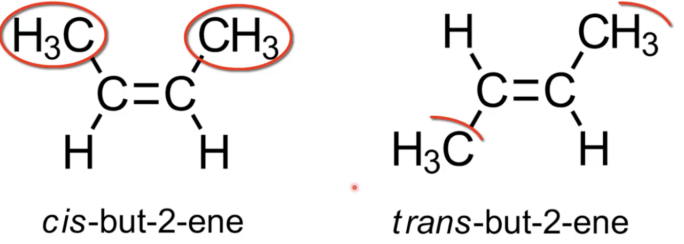 <p>Cis has CH₃ groups on same side of C=C; trans has CH₃ groups on opposite sides</p><p>Caused by restricted rotation around the pi bond.</p>