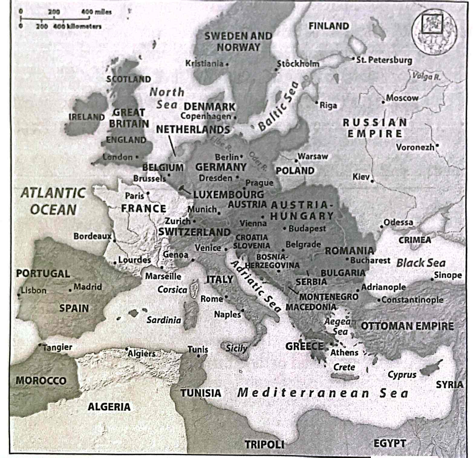 <p><strong>7-1. </strong>The map above shows Europe around </p><p>a) 1790<br>b) 1820<br>c) 1850<br>d) 1880</p>