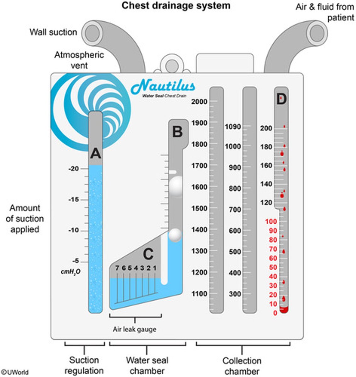 <p>-This chamber prevents air from moving back up the tubing to the client. This chamber should be checked every shift to ensure the water level is at least 2 cm.<br>-Allows air to exit the pleural space on exhalation and keeps air in on inspiration= Tidaling (is normal)<br>-inhale=rise in water(increased pressure)<br>-exhale=drop in water(decreased pressure)</p>