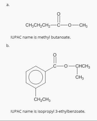 <p>IUPAC naming for esters involves identifying the alkyl group from the alcohol and the acid, and naming them accordingly, typically in the form "alkyl-alkanoate." Jump and name the O first</p><p></p><p>Naming starts when 1 on ring</p>