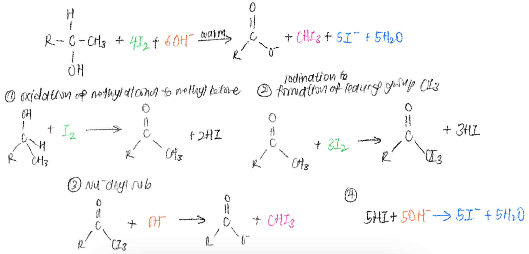 <p>RCH(OH)CH3 + 4I2 + 6OH- → RCOO- + CHI3 + 5I- + 5H2O</p>