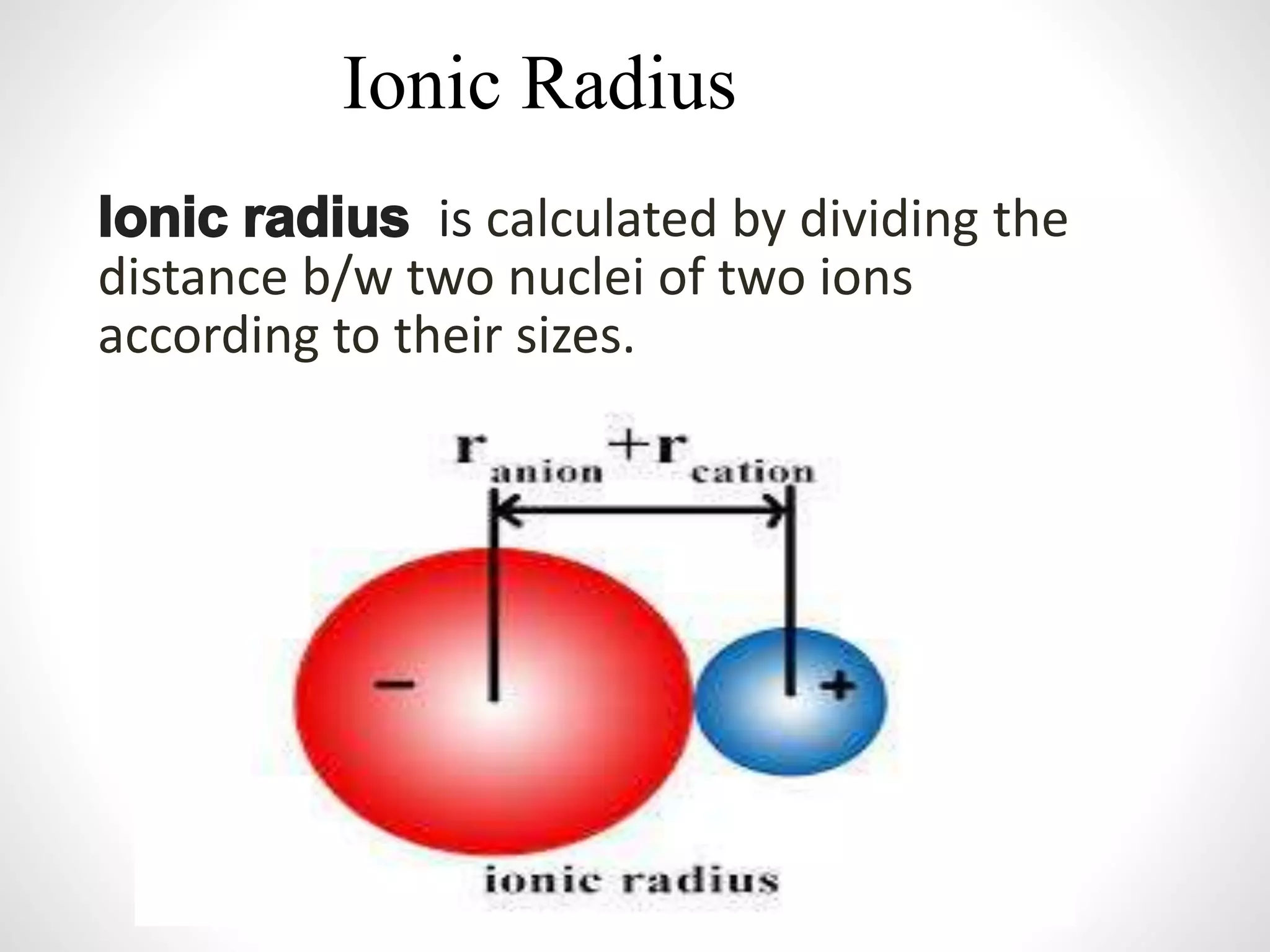 <p>the measure of the size of an ion, typically defined as the distance from the nucleus to the outermost electron shell in an ionic compound. </p>