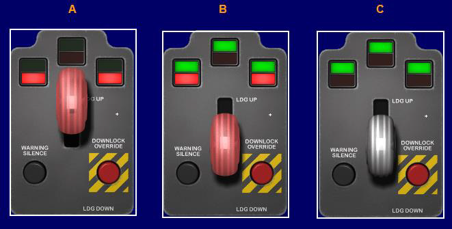 <p>Which of these gear position lights indicates that the gear is down and locked and the inboard main gear doors are in transit (Figure 110-20)? </p>