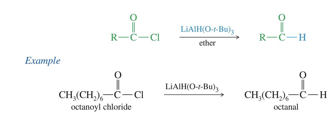 <p>Starting : </p><ul><li><p>Acyl Halides ( R - C ( = O) - X)</p></li></ul><p>Reagent </p><ul><li><p>LiALH ( O- t -BU)<sub>3</sub></p></li></ul><p>End product </p><ul><li><p>aldehyde </p></li></ul><p></p>