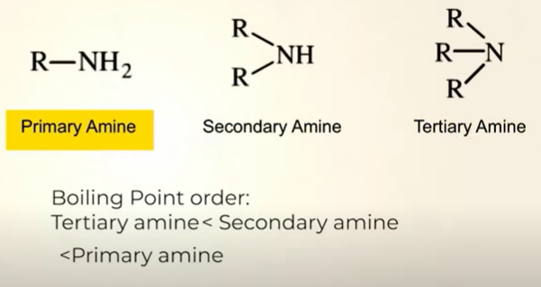 <p>Amines form intermolecular hydrogen bonding, therefore boiling point is high</p><ul><li><p>BP of alcohols more than amines </p></li><li><p>BP directly propotional to molecular mass</p></li></ul><p></p>
