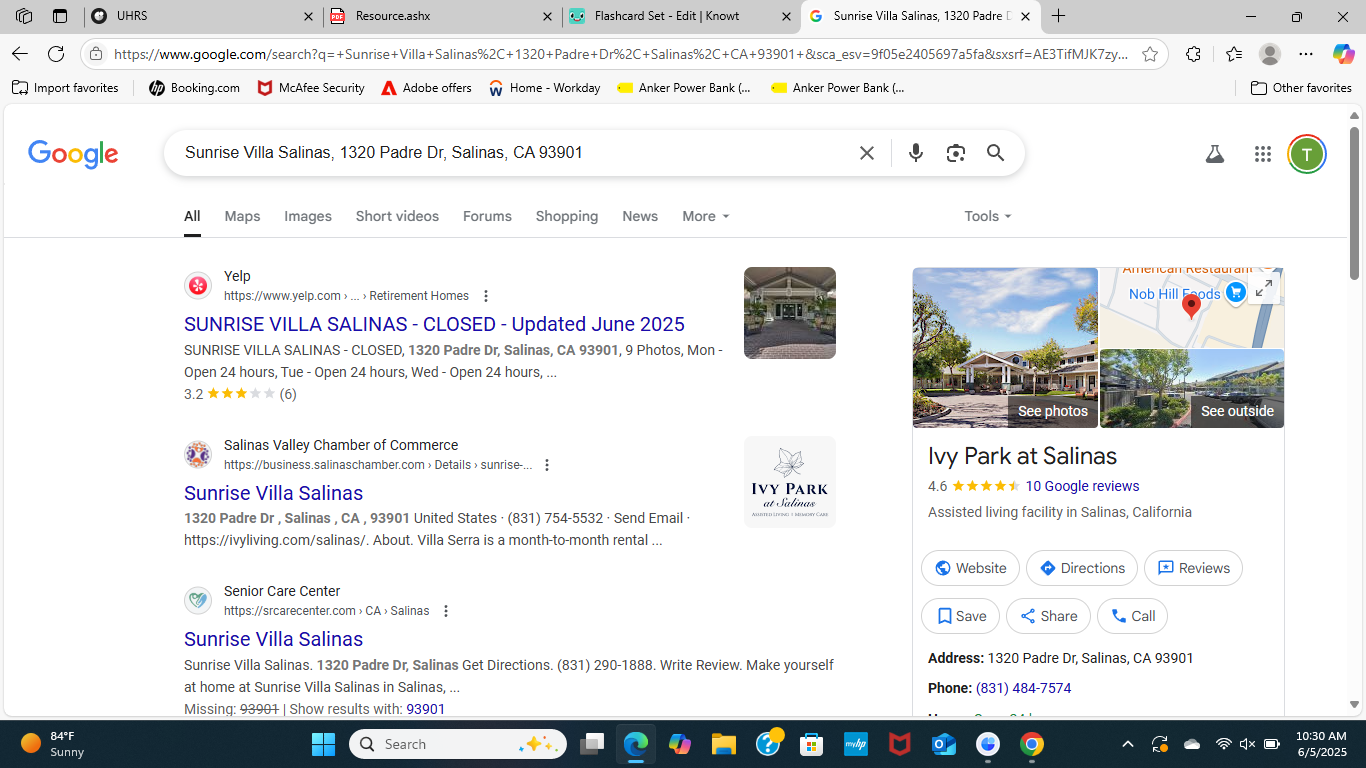 <p>Sunrise Villa Salinas </p><p><span style="color: green">Ivy Park at Salinas</span></p><p></p><p></p><p>Says Ivy Park at Salinas on right side on Goggle search results</p><p></p><p>Sometimes a facility will change ownership and the new owners update the name. In this case, the business with the old name doesn’t exist anymore while the one with the new name does, so it’s beneficial to update. (Note the review “…until Ivy Park took it over” on the old Yelp page.</p>