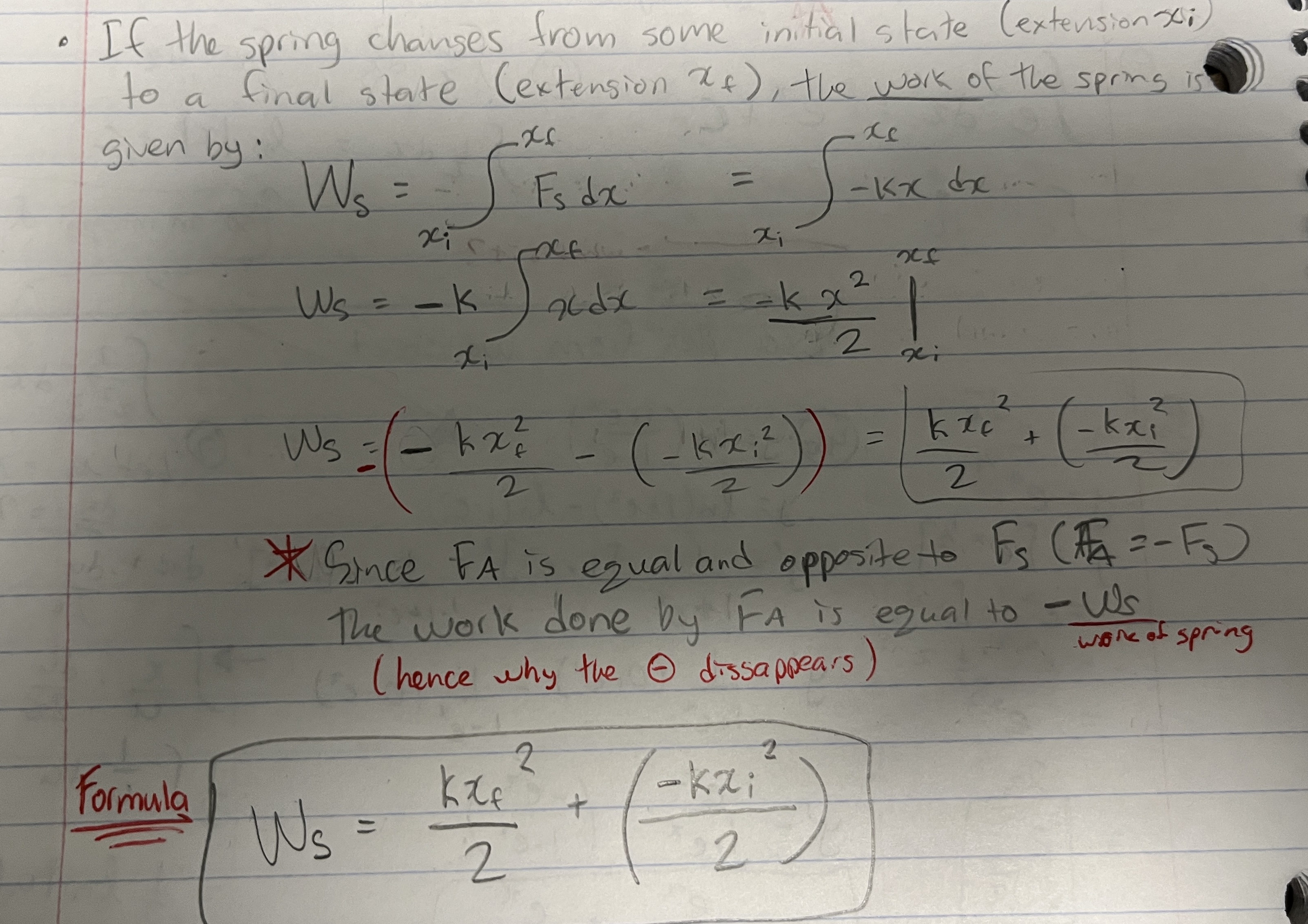 <p>the reason why the negative disappears is because the the work of the spring is OPPOSITE to the work it takes to affect the Hooke’s Law Eq.</p><p>THINK:</p><p>The applied Work we give affects the equation F = -kx</p><p>—> the Work of the spring is the opposite of resulting Spring Force created by the Force we put in</p>