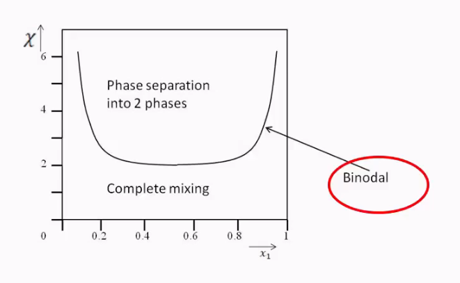 <ul><li><p>Only happens when χ is larger than two as we said, because entropy no longer compensates.</p></li><li><p>Can be seen in graph</p></li><li><p>You can see that when x1 is very small that you can still mix the oil and water.</p></li><li><p>We can use the lever rule to find the amounts of each of the two phases.</p></li><li><p>This is known as binodal curve. </p></li></ul><p></p>