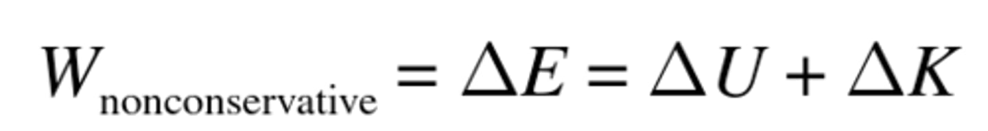 <p>W(non-conservative) = ΔE = ΔEp + ΔEk; the work done on the object by the non-conservative force is the change in energy it experiences, equal to the energy lost from the system (converted into something else)</p>