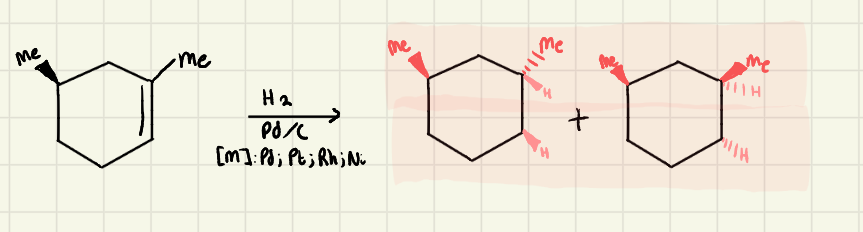 <p>Catalytic Hydrogenation</p><ul><li><p>Syn addition</p></li></ul><p></p>